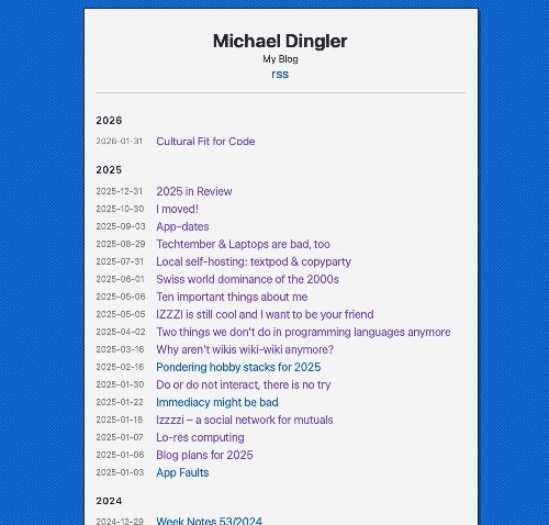 Screenshot of the site after all the changes. Still a list of posts, but now with 2026, 2026 and 2024 headlines, plus a striped background