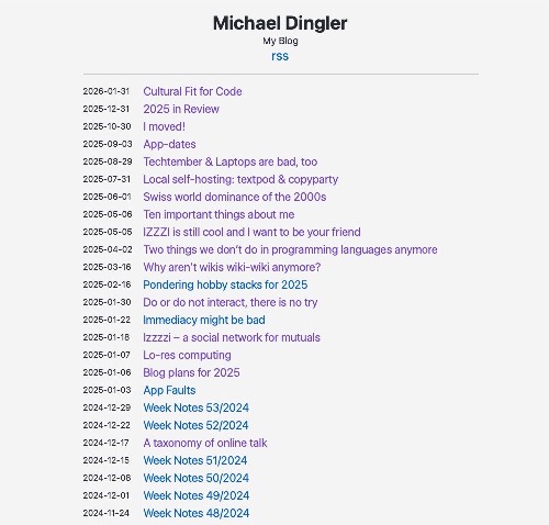 A screenshot of my front page without styles. A plain list of my posts without any dividers between dates or variations in font weight and color