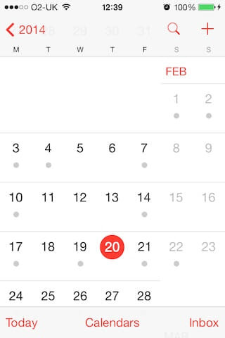 The calendar app from iOS 7, showing February 2014. Very flat, red,
black and white, using
Helvetica.